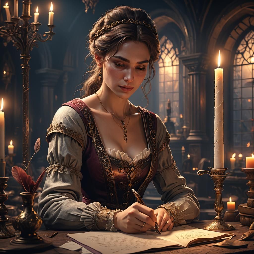 Woman Writing Love Letter: Detailed Matte Painting