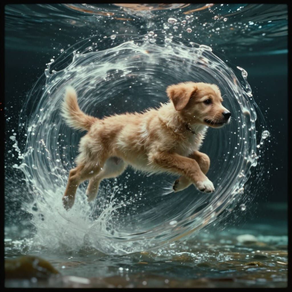 Puppy Made of Water in Cinematic Mid-Leap