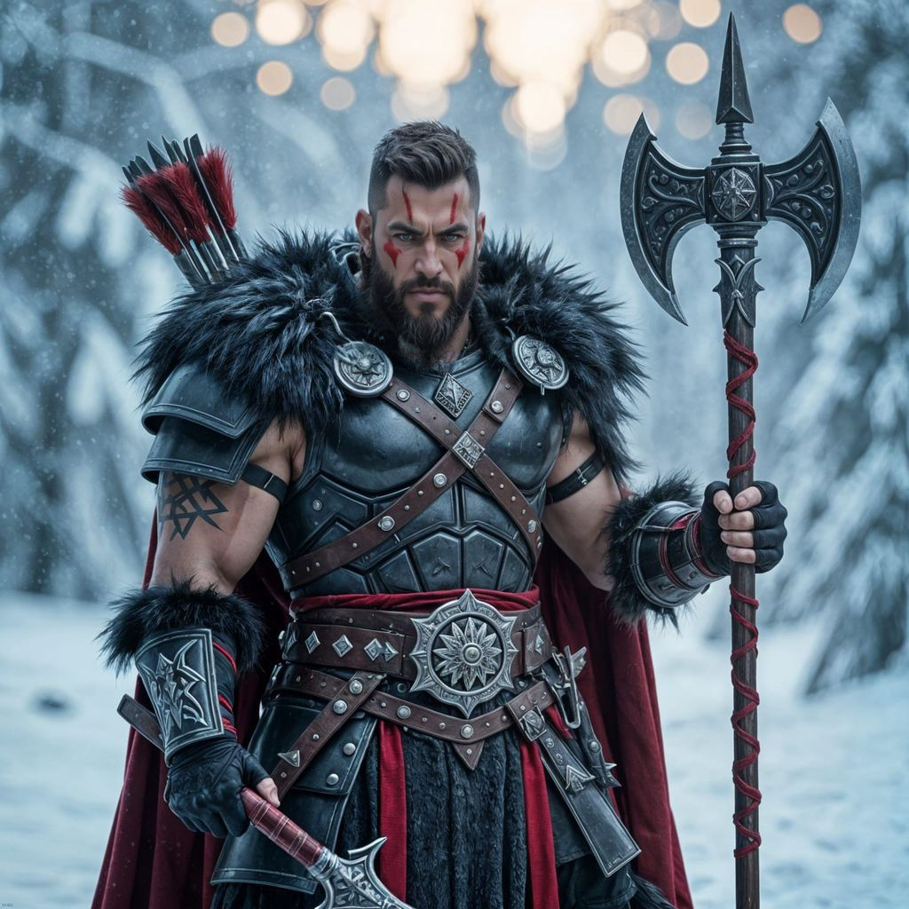Epic Barbarian Warchief in Winter Forest, Dark Fantasy Art