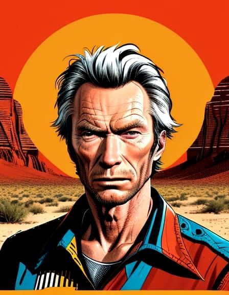 Bold Pop-Art Portrait of Clint Eastwood as a Rugged Cowboy L...