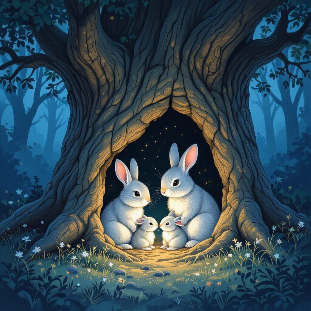 Silver Rabbit Family Inside Ancient Oak Tree