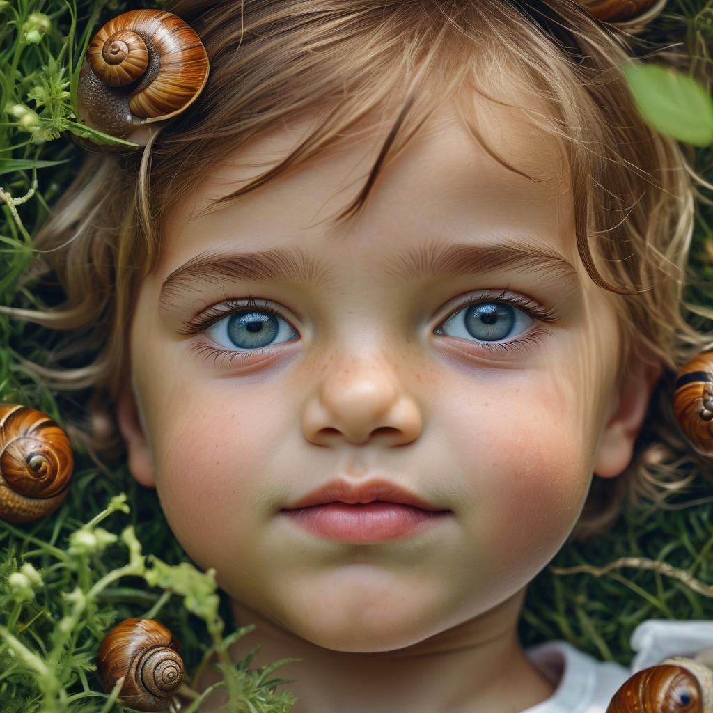 Child and Snail: Hyperdetailed Photorealistic Portrait