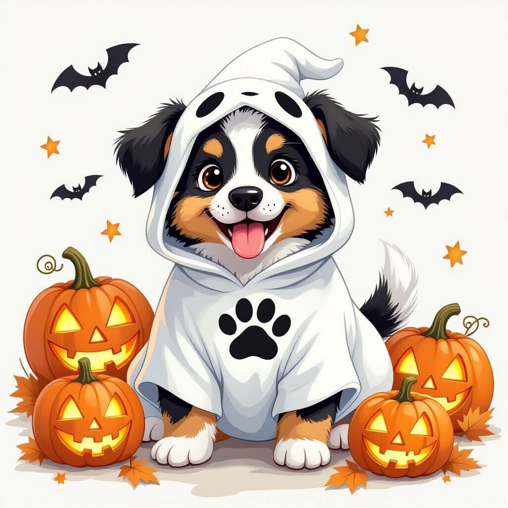 Happy Puppy in Ghost Costume with Pumpkins