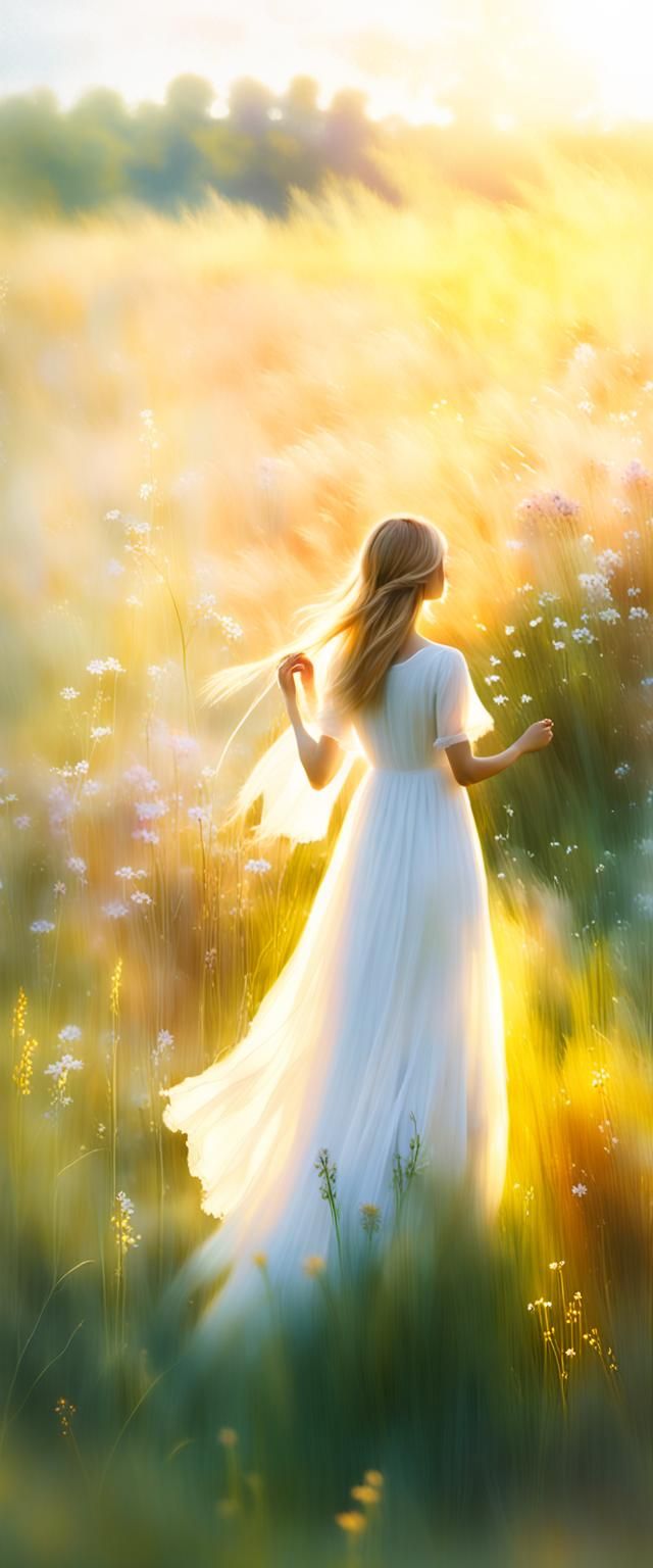 Woman in White Gown Amidst Wildflowers in Warm Light