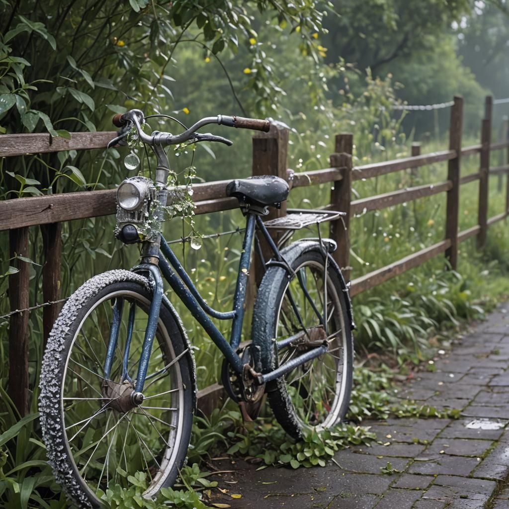 An old bicycle leans against a fence.