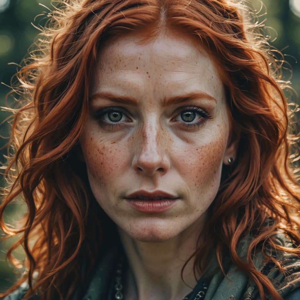 Red-Haired Woman with Pagan Makeup in Cinematic Style