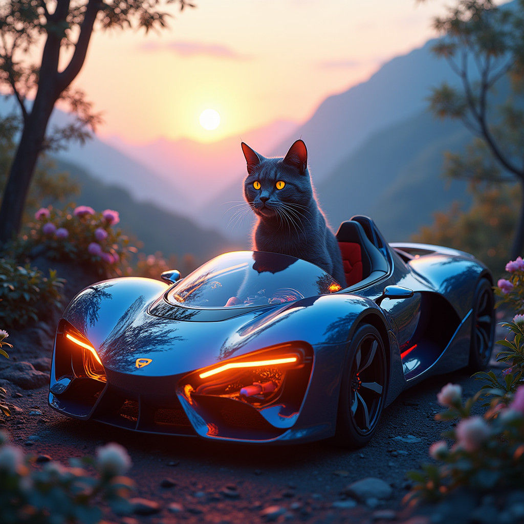 Majestic Cat Drives Futuristic Car in Atmospheric Landscape