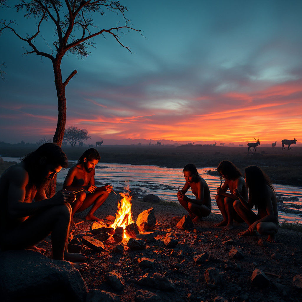 Homo Habilis Tribe by River at Twilight in 8k