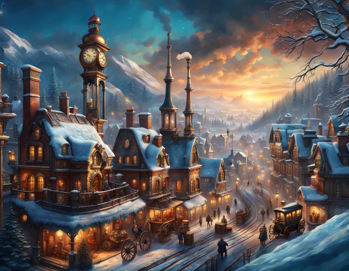 Steampunk Village in Winter: Clockwork and Steam