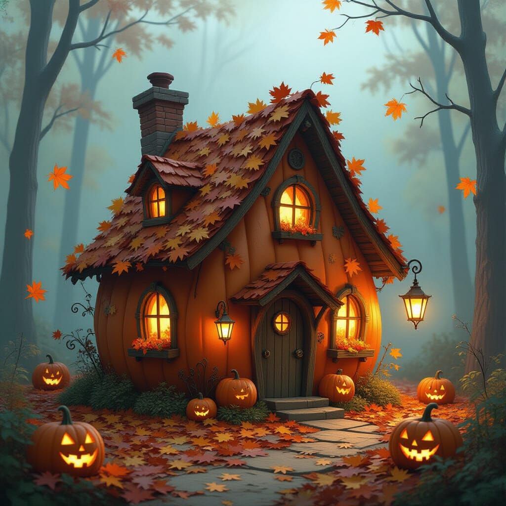 Whimsical Pumpkin House in Surrealist Style