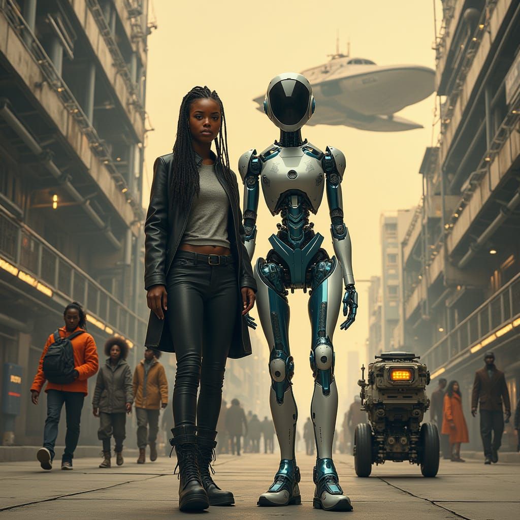Strong African Woman Stands with Robot in Futuristic Citysca...