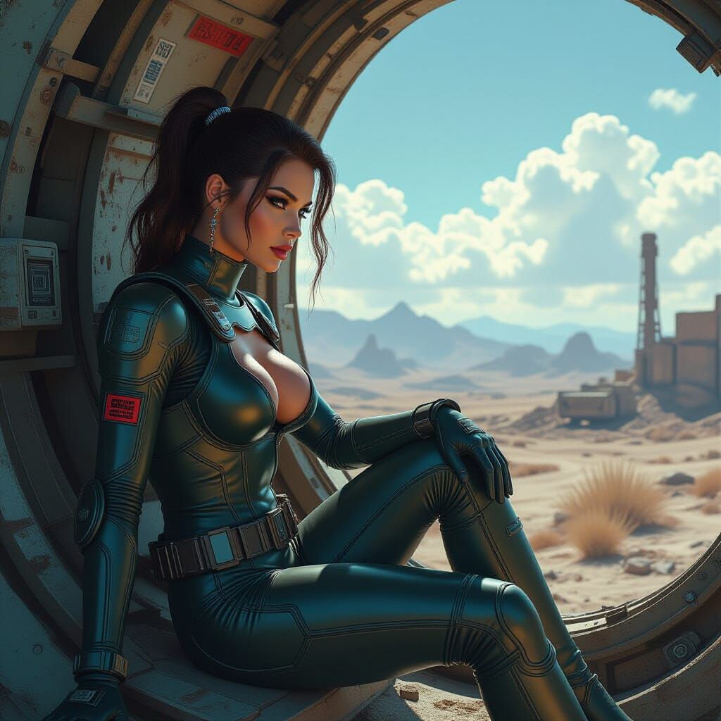 Female Vault Dweller in Post-Apocalyptic Wasteland