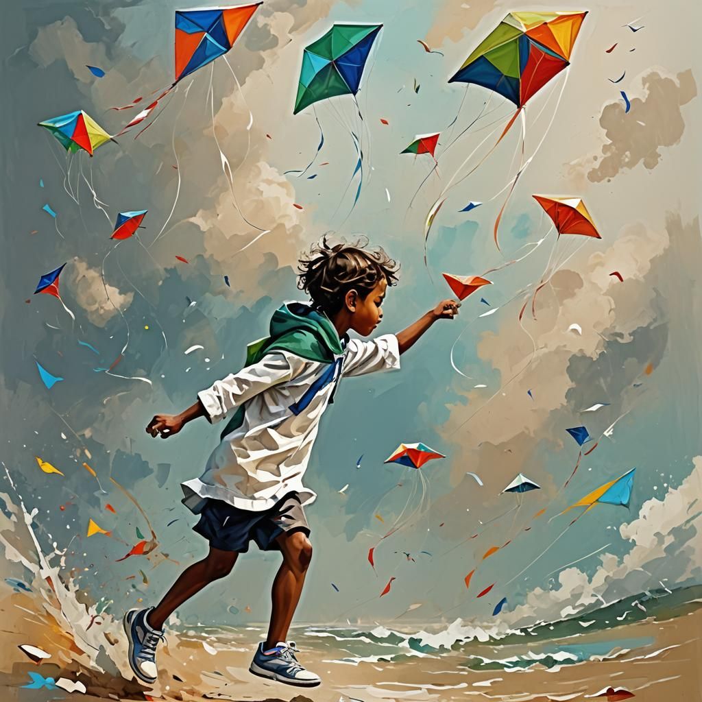Children Playing with Kites: Splash Art Illustration