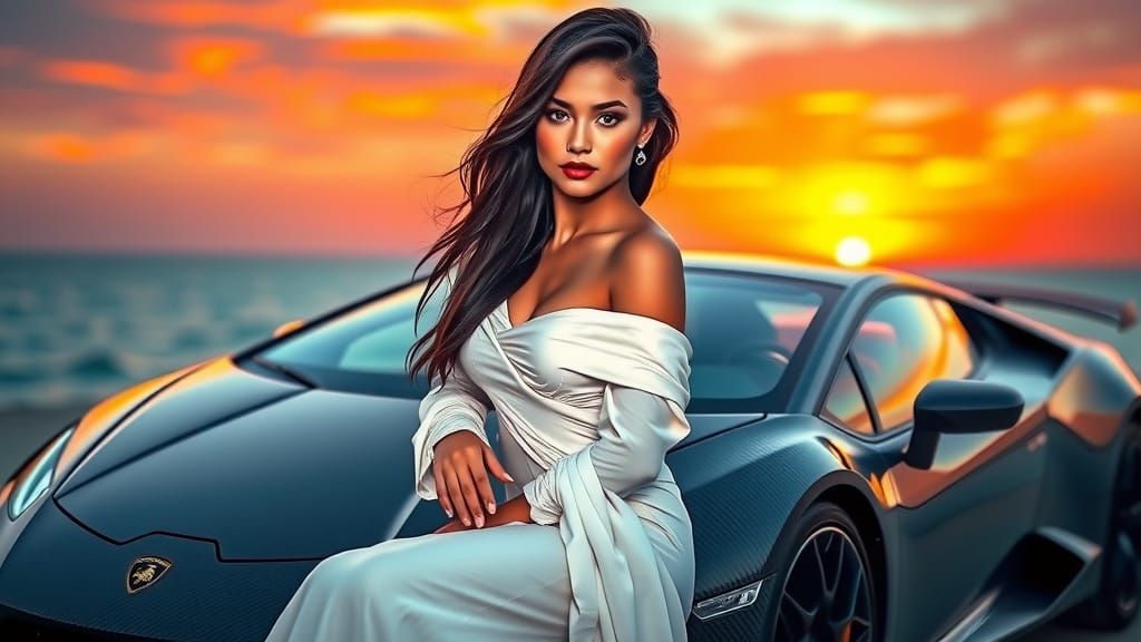 Young Woman on Lamborghini Amidst Oceanic Sunset