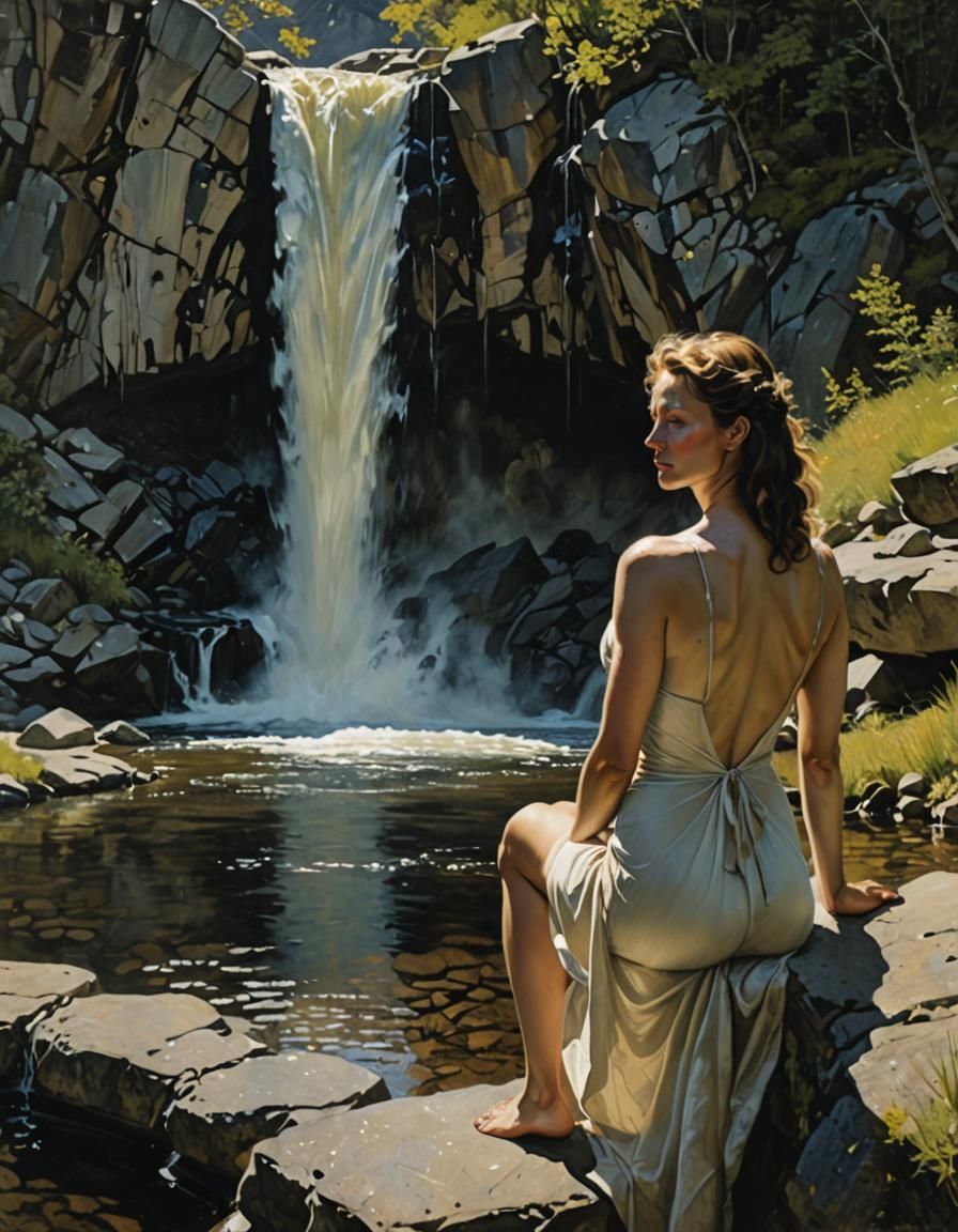 Woman by Mountain Pool Oil Painting
