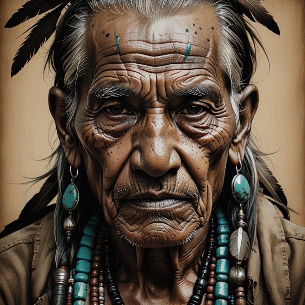 Ink Portrait of Elderly Apache Man with Turquoise Jewelry