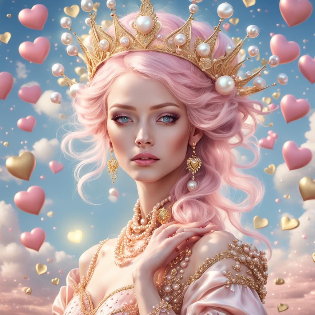 Pink Girl in Gold Gown: Fantasy Art Nouveau Portrait