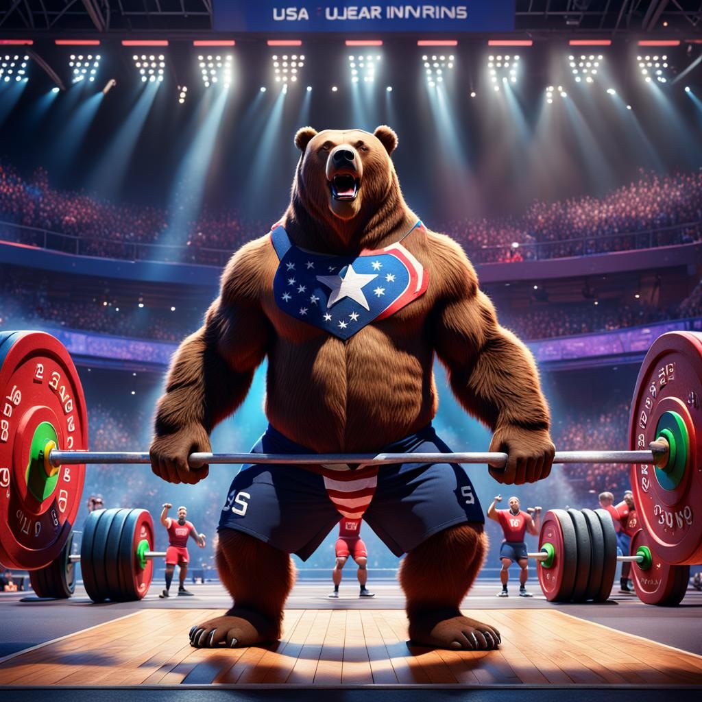 Brown Bears Powerlifting at the Olympics, Pixar Style