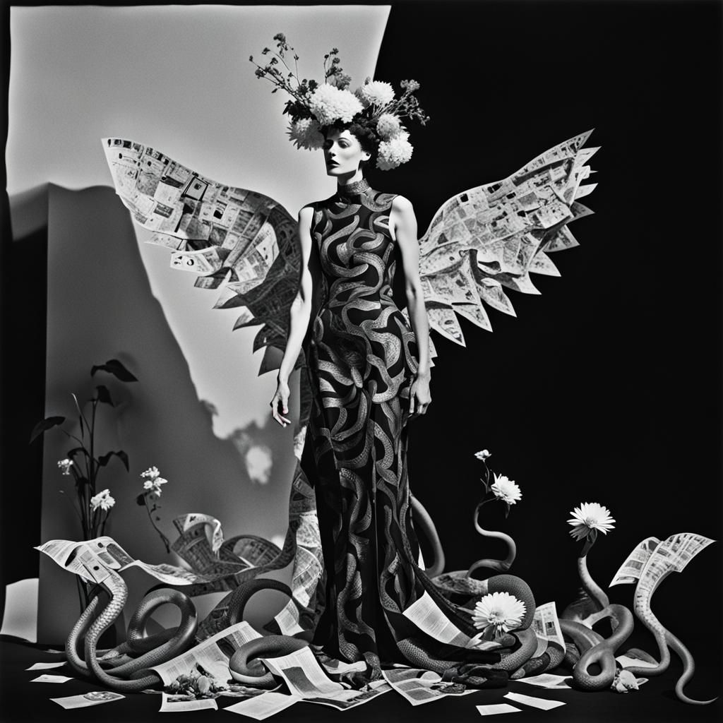 Dada-Inspired Surrealist Photogram with Winged Serpents