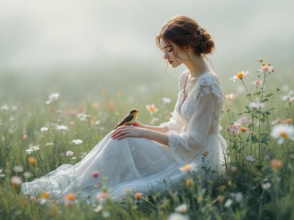 Ethereal Woman with Bird in Misty Field