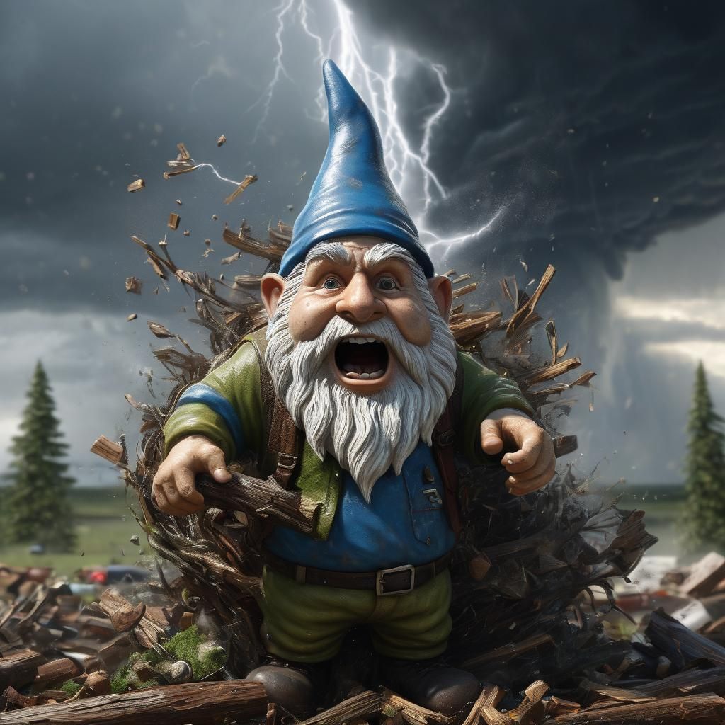 Gnome Emerges from Tornado: Hyper-Realistic Depiction