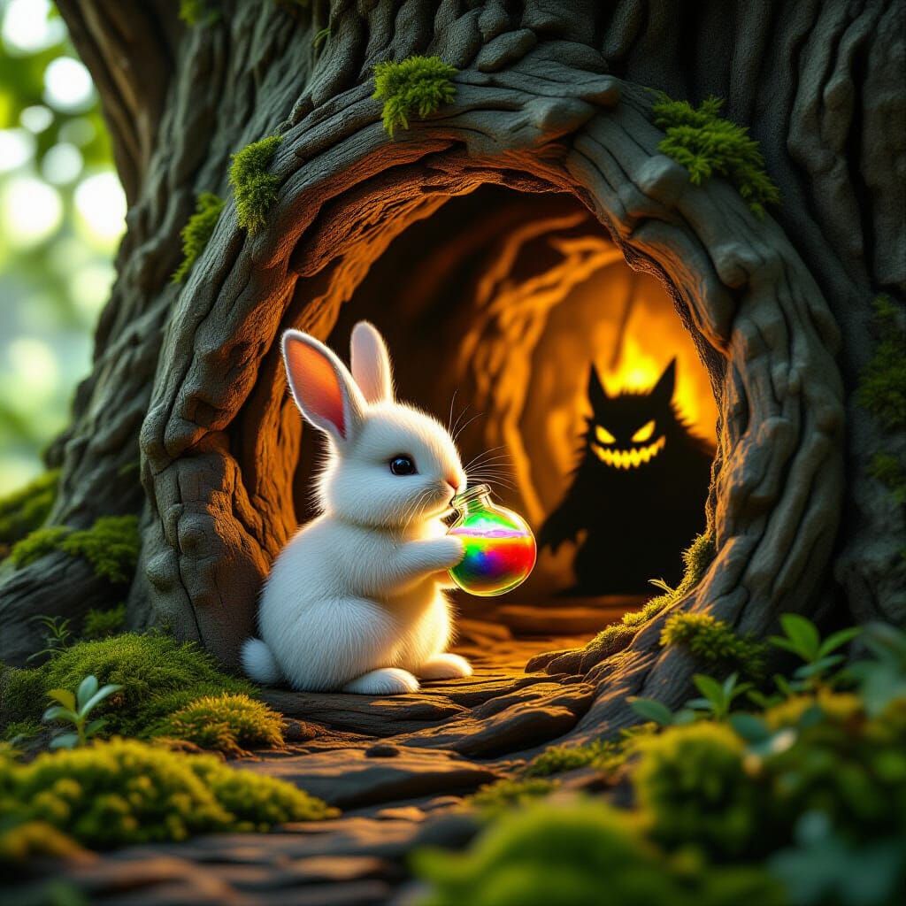 Bunny Drinks Rainbow Potion in Tree Hole with Monster Shadow