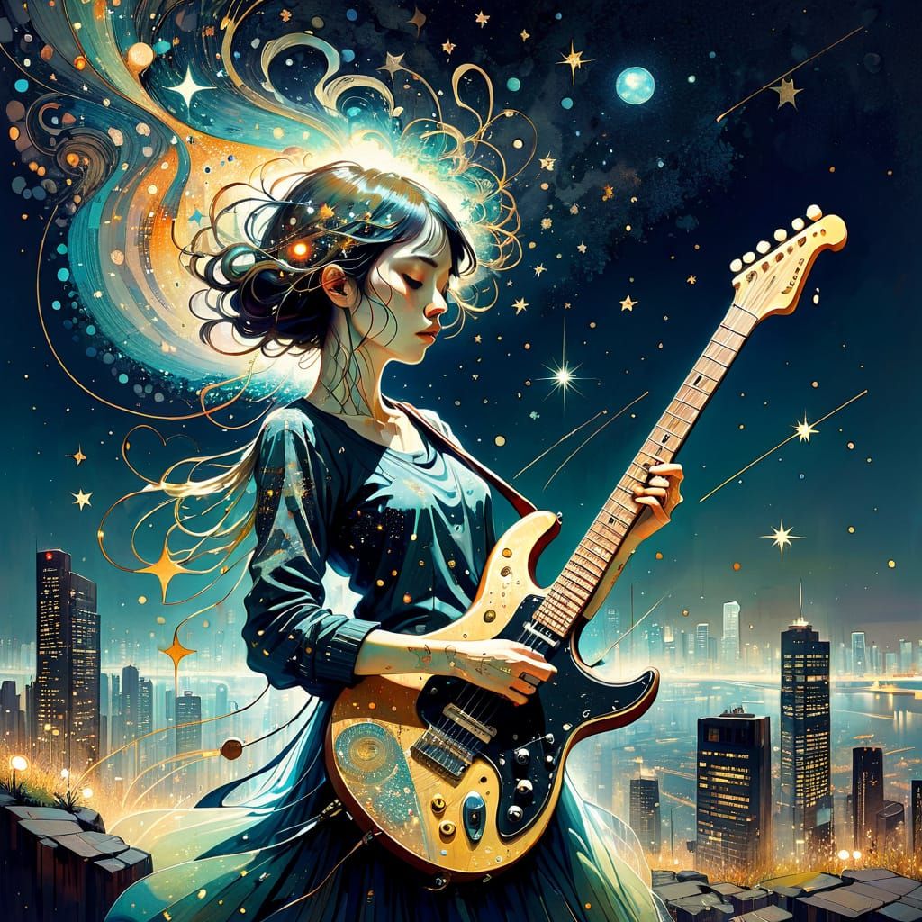 Guitarist in Cosmic Double Exposure, Digital Art