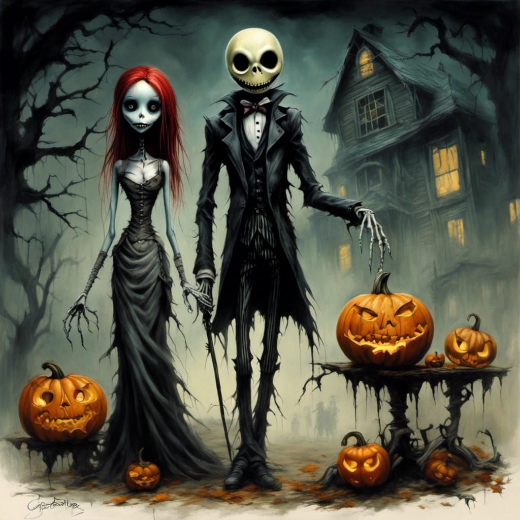 Spooky Halloween Scene with Jack and Sally Pumpkins