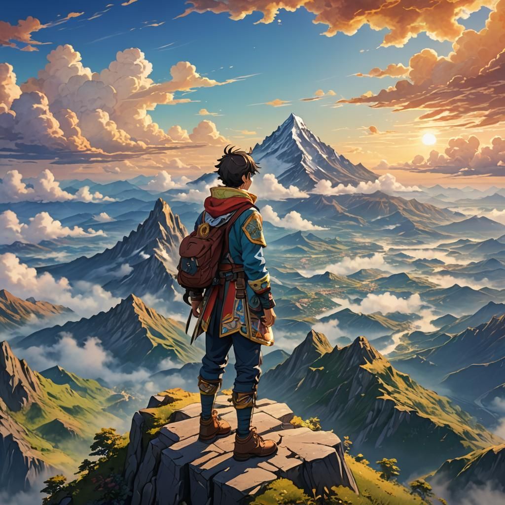 Anime Traveler on Mountain Peak in 3D Art