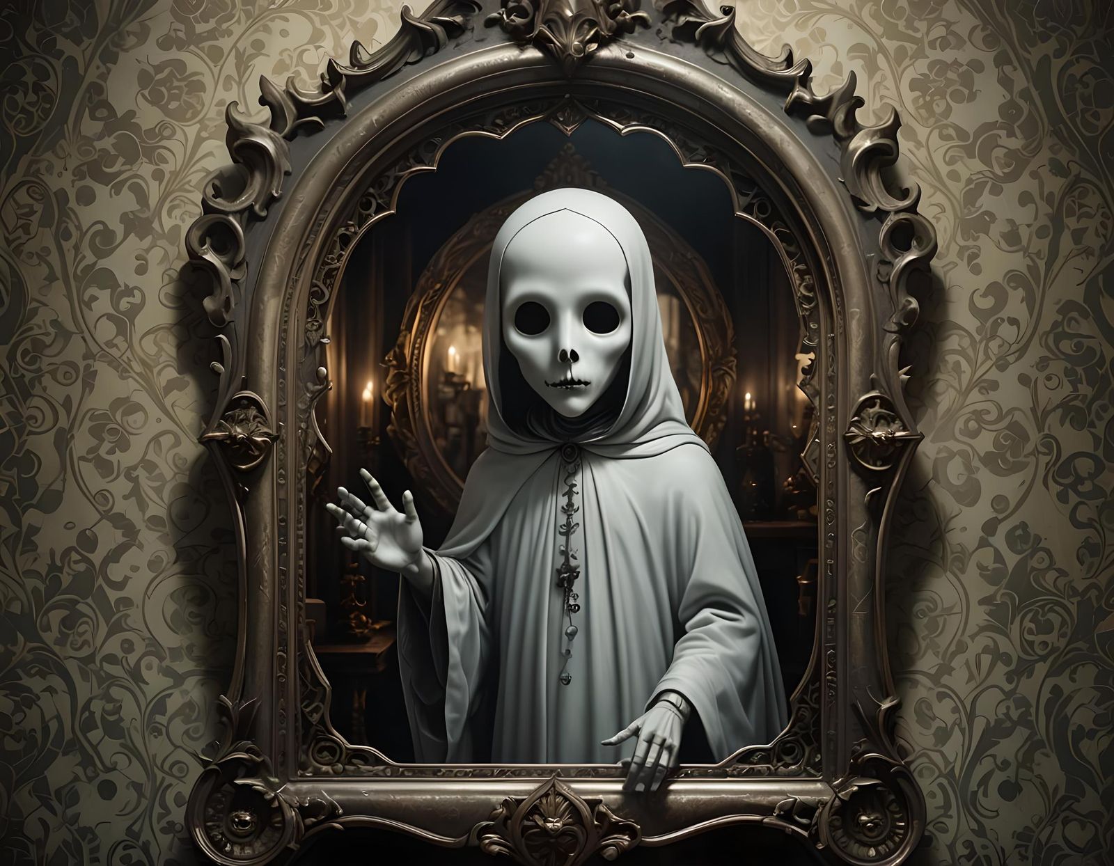 Ghost Emerging from Gothic Mirror, Hyperrealistic Digital Ar...