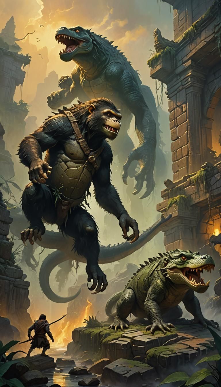 Monkey and Crocodile Battle on Ancient Ruins