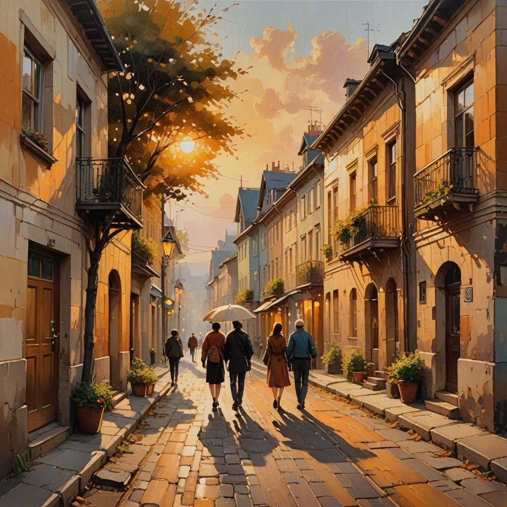 Idyllic Street Scene in Golden Light as Oil Painting