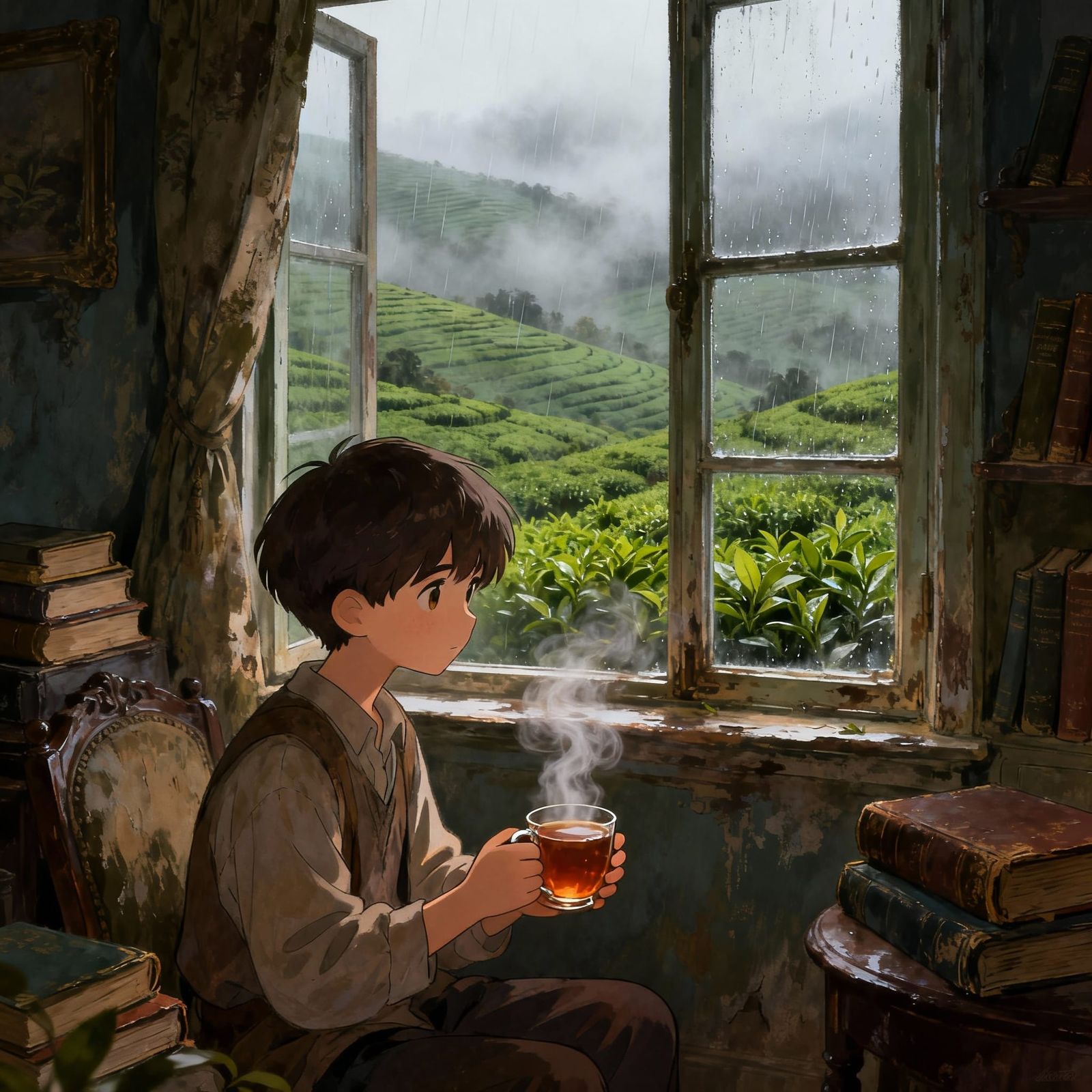 Boy with Tea by Rainy Window, Cozy Hills
