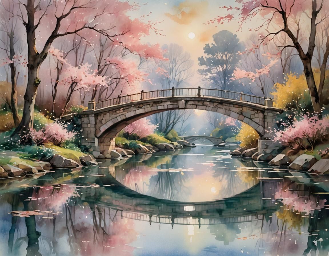 Pink Lights Bridge in Watercolor Style