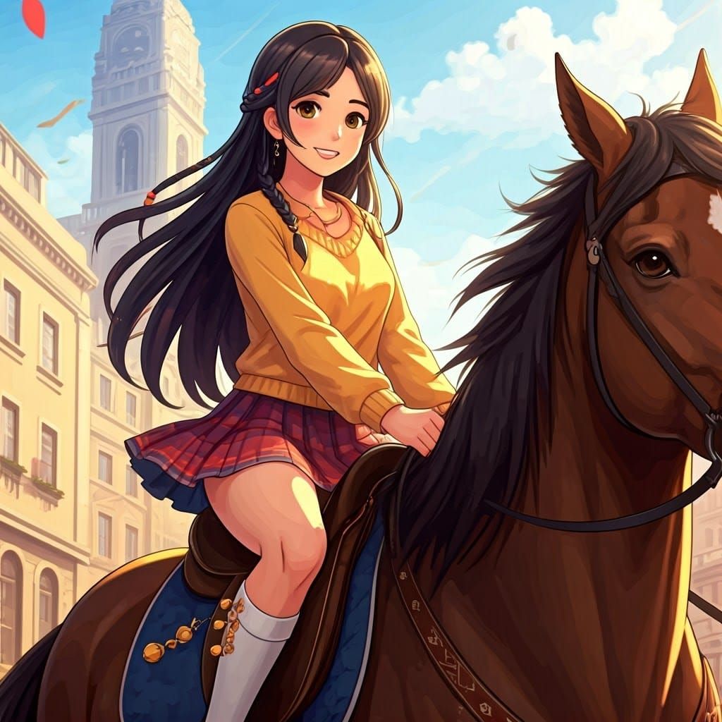 Indian Girl on Horseback in Anime Style