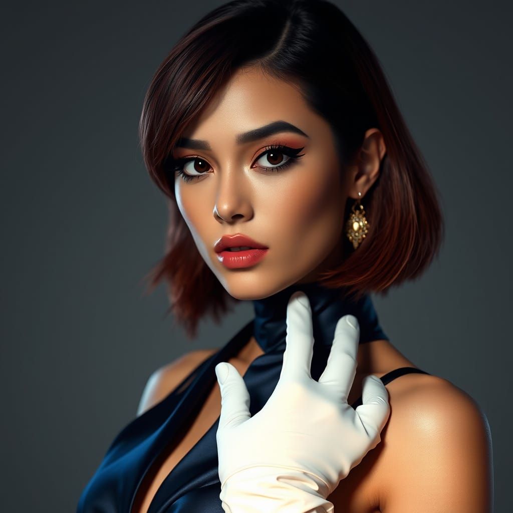 Confident Woman in Silk Jumpsuit with Dramatic Lighting