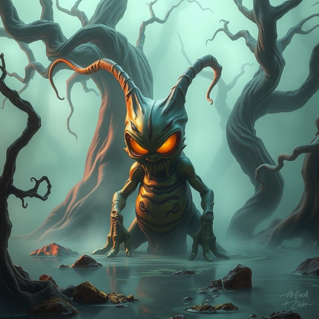 Surreal Swamp Creature Rises from Mystical Fog