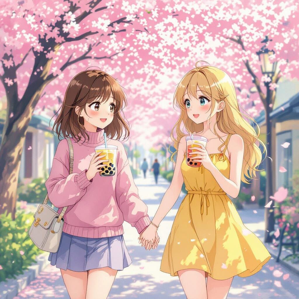 Anime Girls with Bubble Tea Under Cherry Blossoms