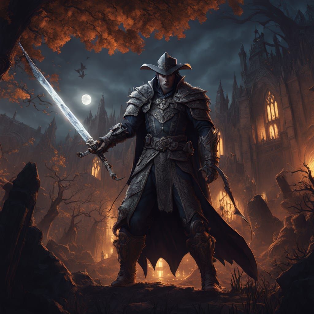 Vampire Hunter Battles Monsters in Graveyard