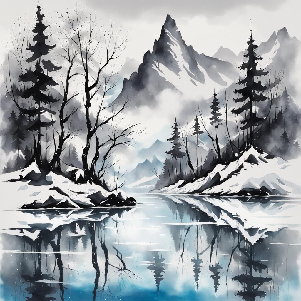 Winter Mountain Scene in Splash Art Style