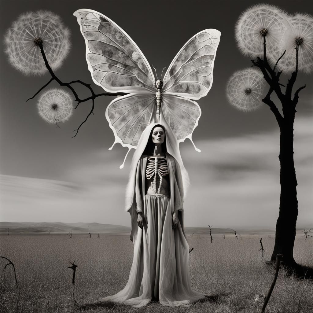 Santa Muerte Butterfly In flight,  in a Million Dandelion An...