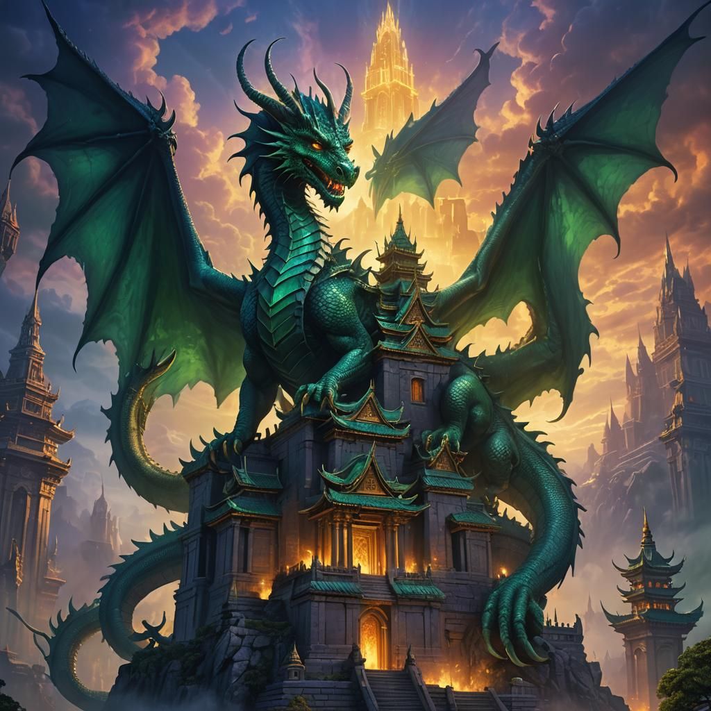 Demon Dragon Perched Atop Mystical Glowing Temple