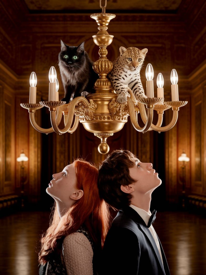 Black Cat & Leopard on Chandelier in Opulent Ballroom