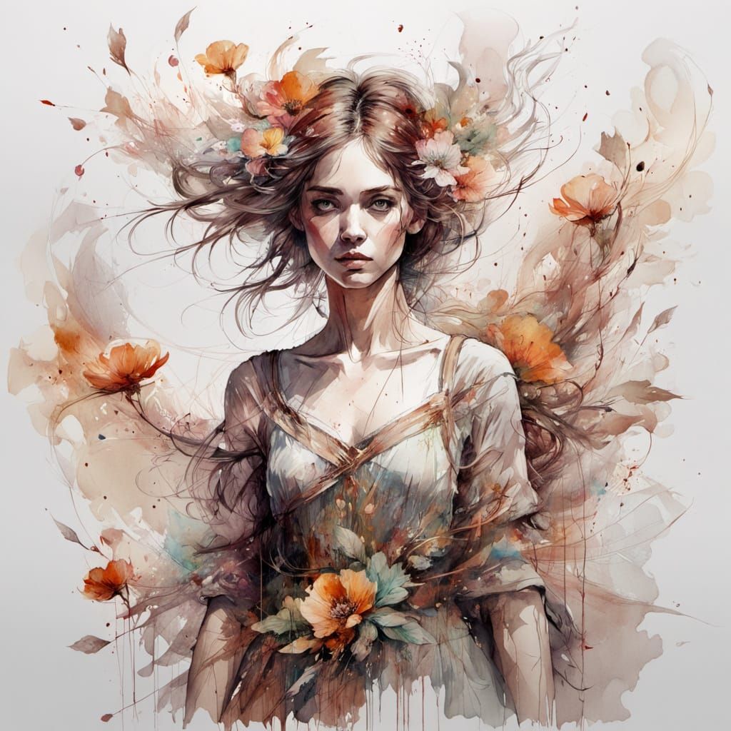 Forest Spirit Woman Made of Scattering Flowers