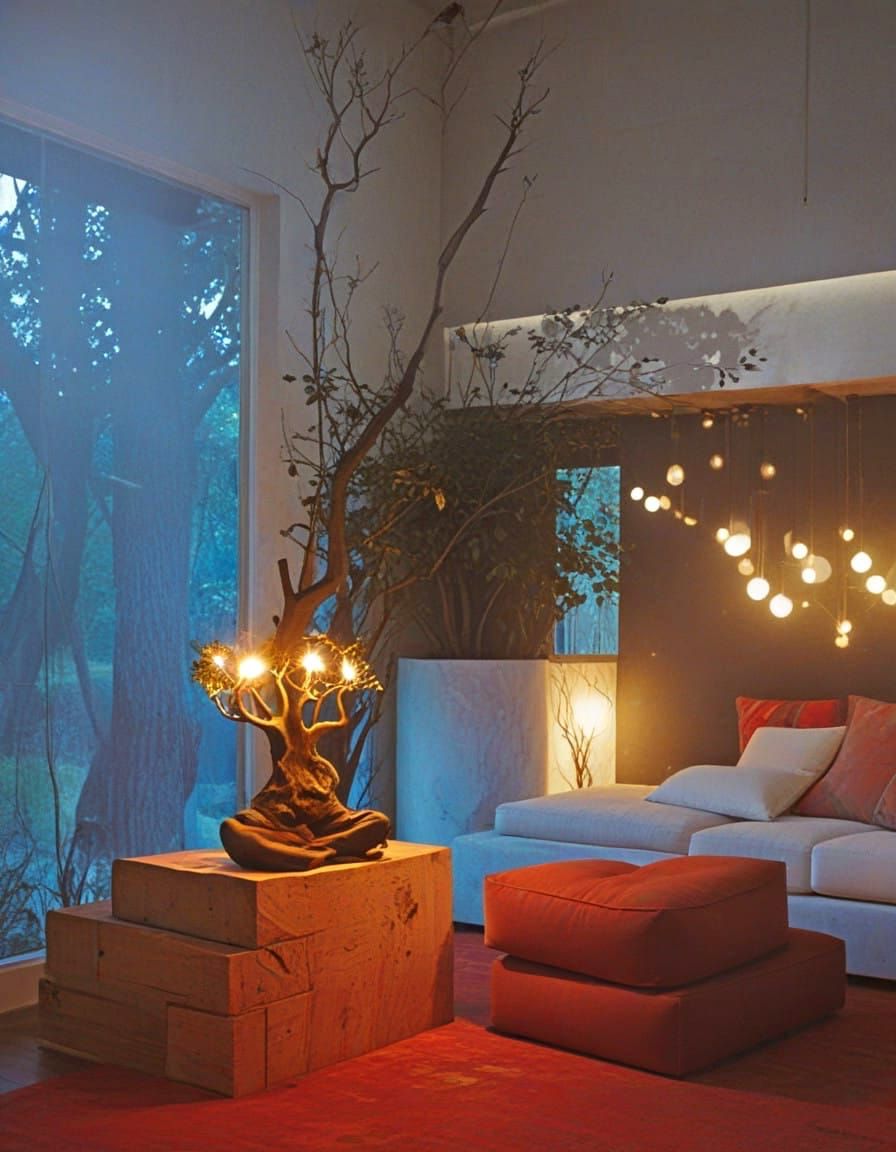 Surreal Interior Scene with Trees Beyond in Uncanny Light