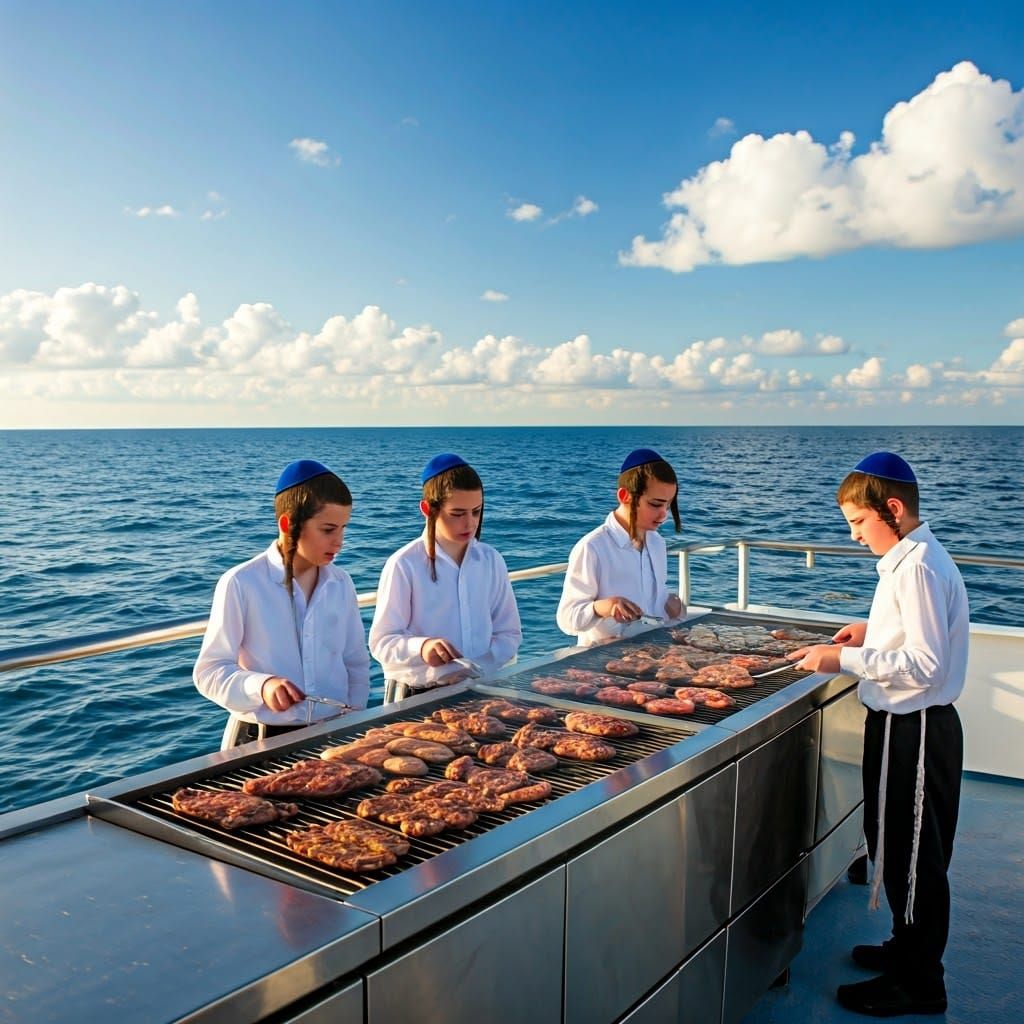 Jewish Boys Grilling on Ship, Hyper-Realistic Style