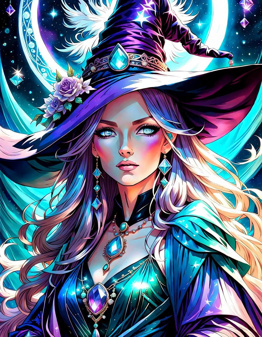 Diamond-Adorned Witch with Flowers in Opalescent Gown