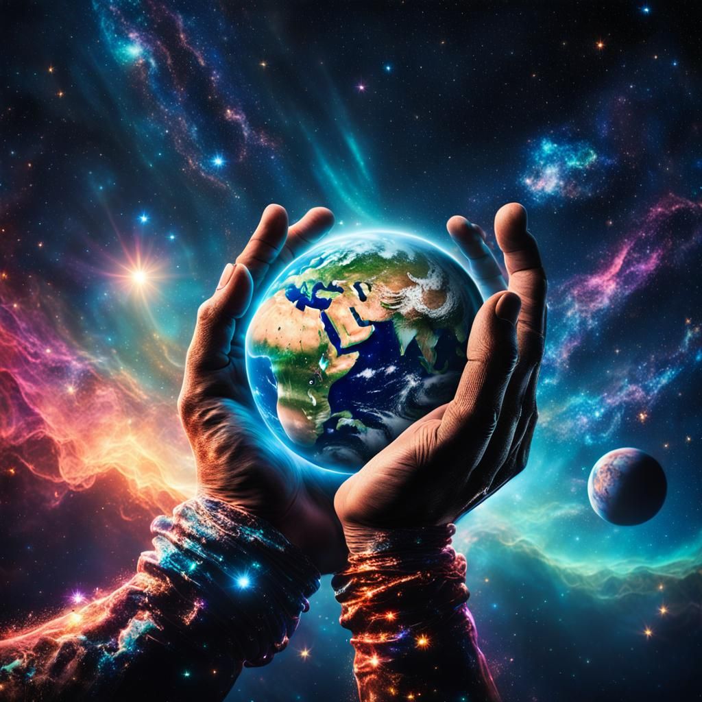 Hand Holding Earth: Surrealist Space Art
