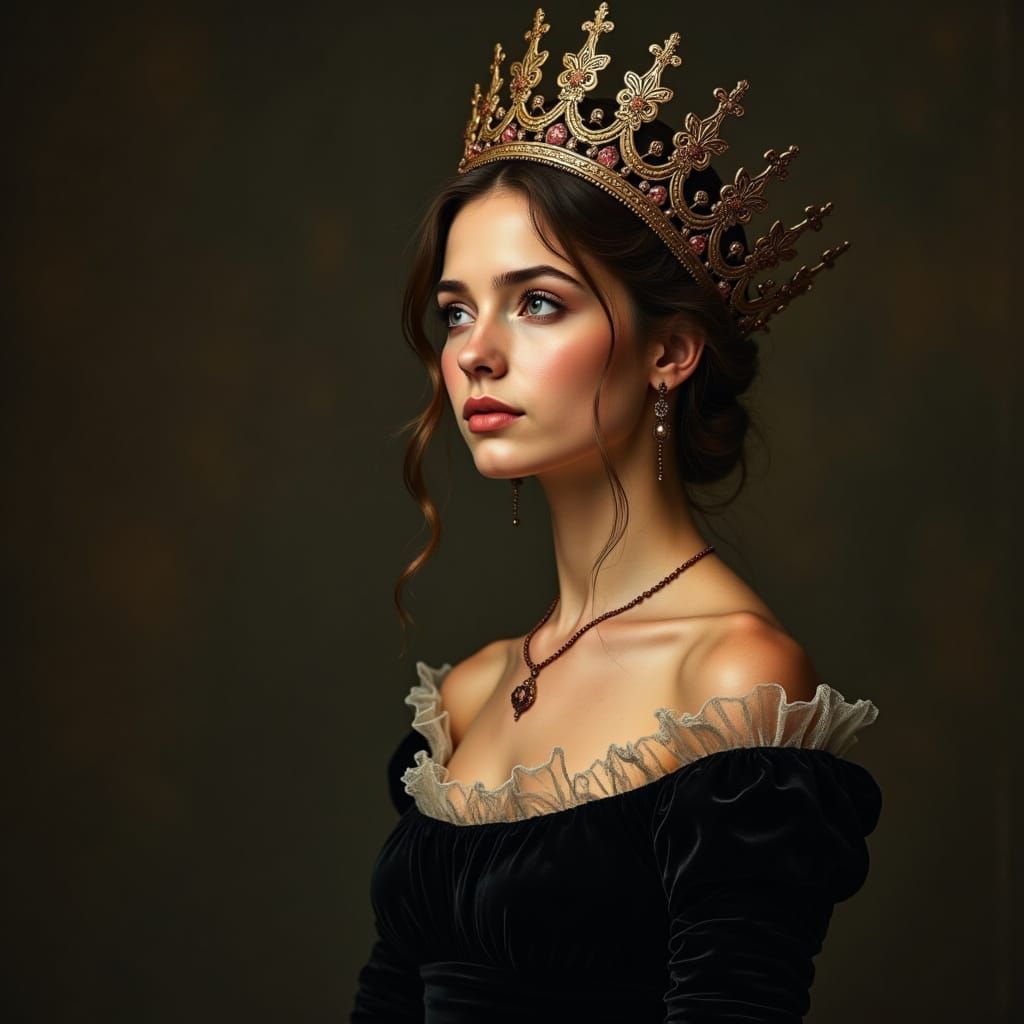 Queen in Black Velvet Dress with Gold Crown