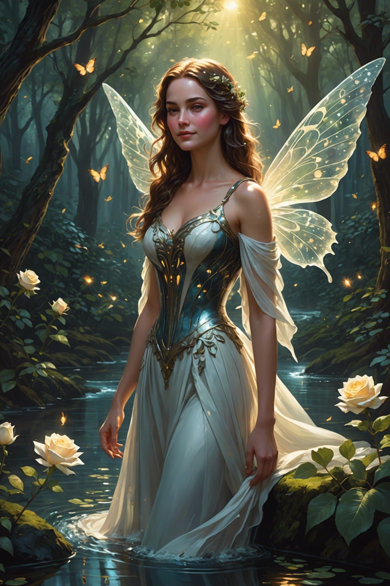 Rose-Woman in Enchanted Forest: Fantasy Art